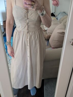 Claudi Pierlot Striped Button-Front Midi Dress in Beige and White